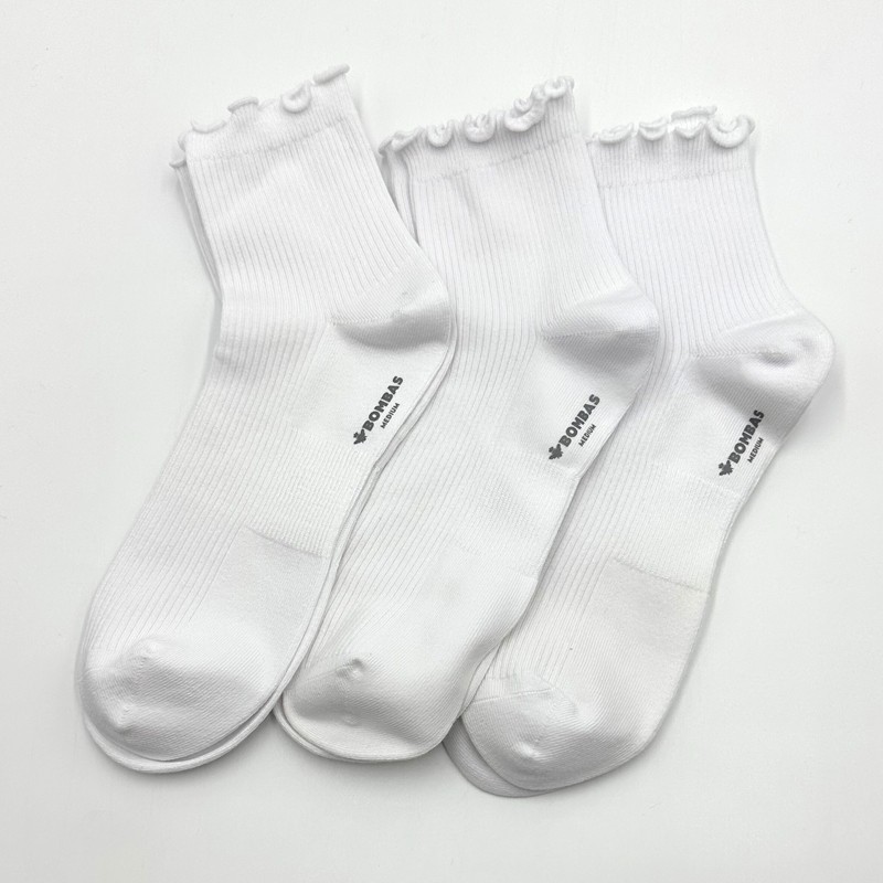 3 Pairs BOMBAS Women's Ruffle Rib Quarter Socks Size M 8-10.5 White Lightweight