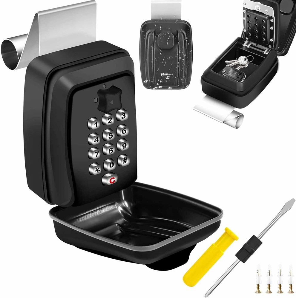 Waterproof Car Key Lock Box - 12-Digit Combination Punch Button Wall Mount - Bla