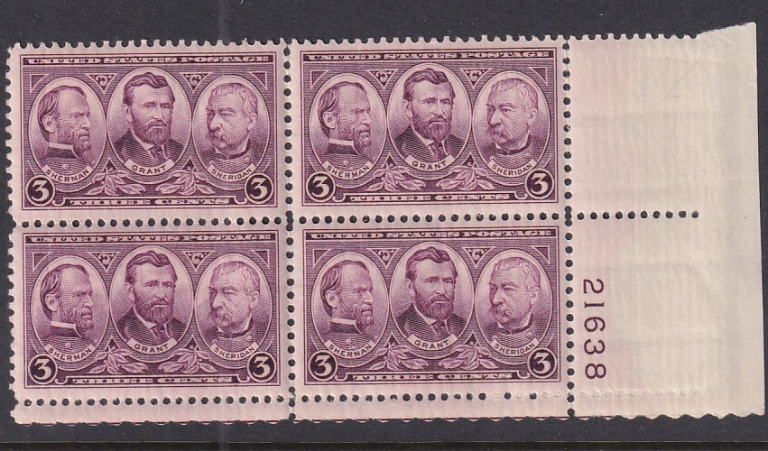 787 3¢ William T. Sherman, Ulysses S. Grant & Philip Sheridan MNH PLATE # BLOCK