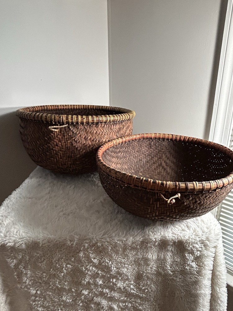 Set of 2 Brown Wicker Round Baskets, Decorative Storage