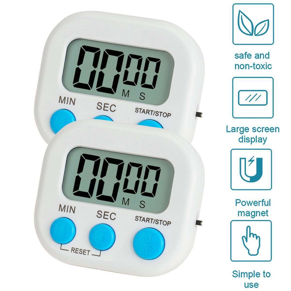 2Pc Large LCD Digital Kitchen Cook Timer Count Down Up Clock Loud Alarm Magnetic