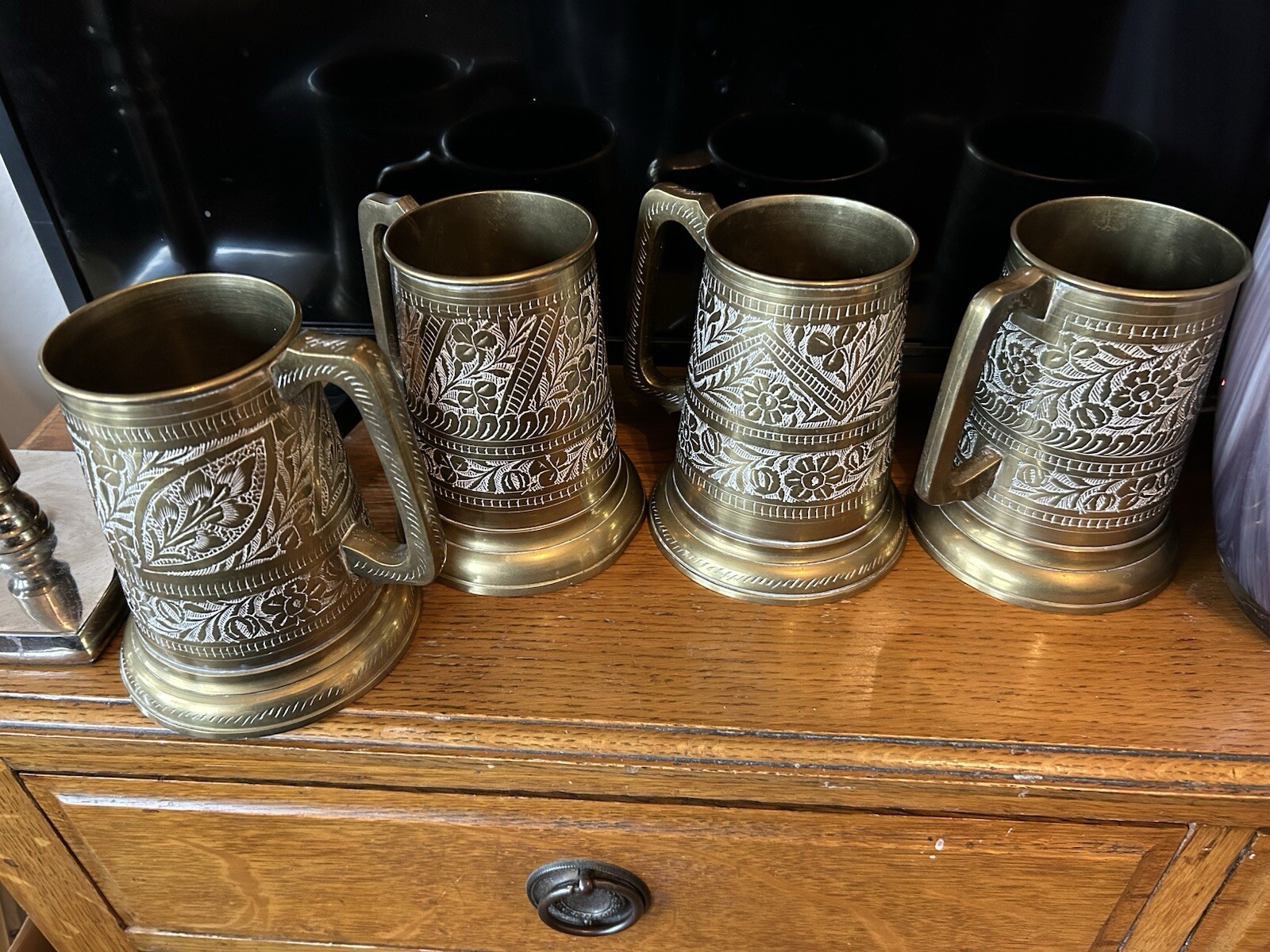 Set Of Four Vintage Hand Etched Copper/Brass Beer Mugs Glass Bases - Pakistan