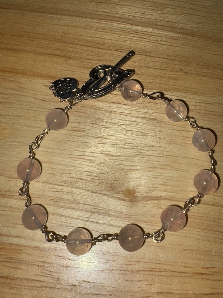 7” Pink Quartz,wire Wrapped(Silvertone),toggle, Safety Chain