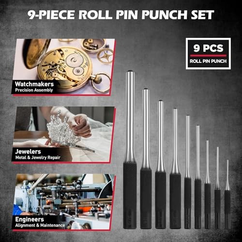 25-Piece Punch and Chisel Set with Roll Pin Punches, Includes Taper, Pin,