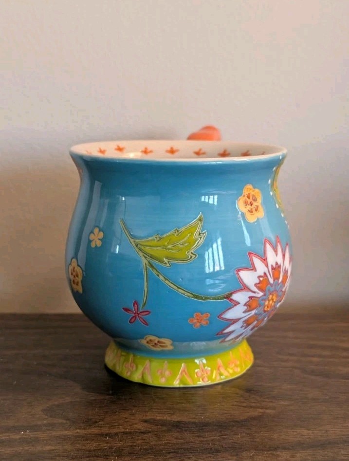 Dutch Wax Anthropologie Large Footed Mug Cup Floral Hand Painted Ceramic