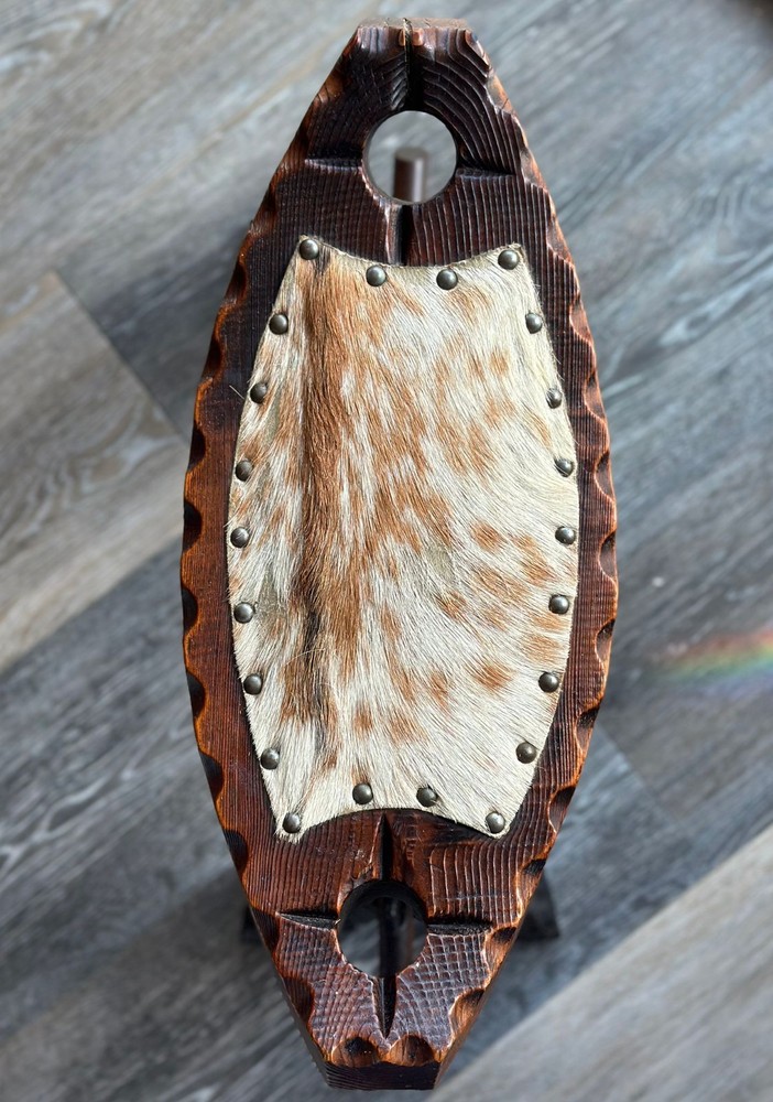 Vintage Spanish Hand-Carved Stool - Rustic Cowhide & Solid Wood