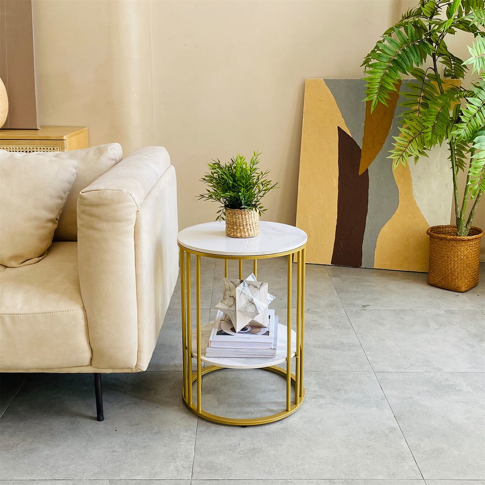 Gold Side End Table, 2 Tier Round Marble Side Table with Storage Shelf Modern