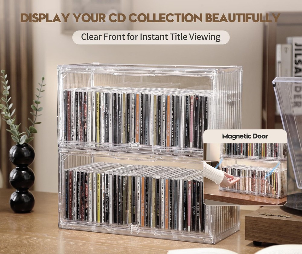 2-Pack Clear CD Storage Box, Stackable CD Case Holder with Full-View Design, ...