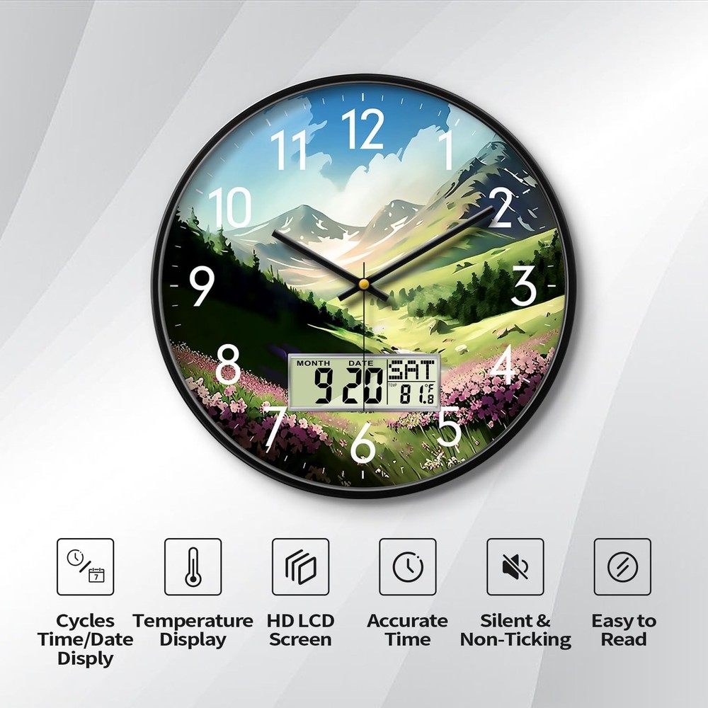 Digital Large Display Silent Wall Clock with Temperature Date Mountain Flower...