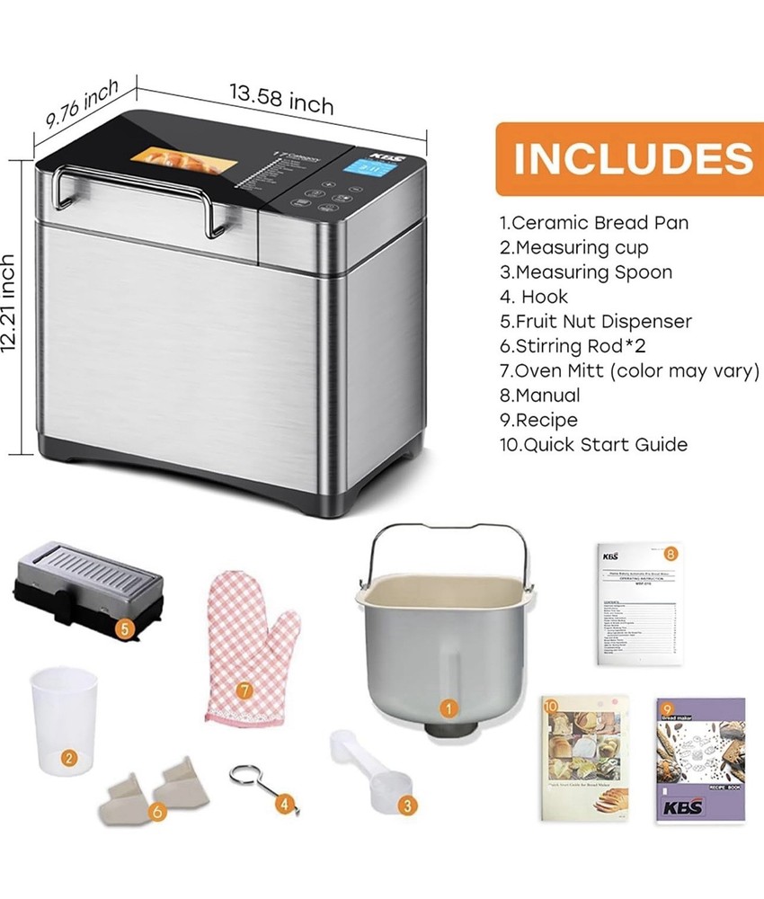 KBS MBF-010 Bread Machine 17 Programs Stainless Steel Ceramic Pan Nut Dispenser