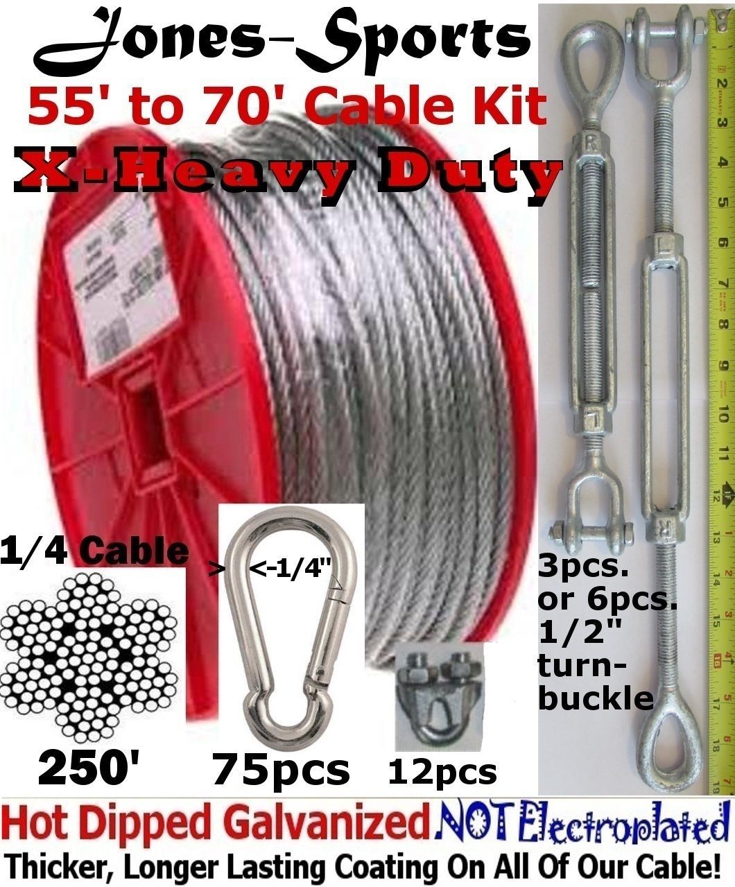 Batting Cage Cable Suspension Kits Indoor Outdoor 45' to 75' Installation Kit
