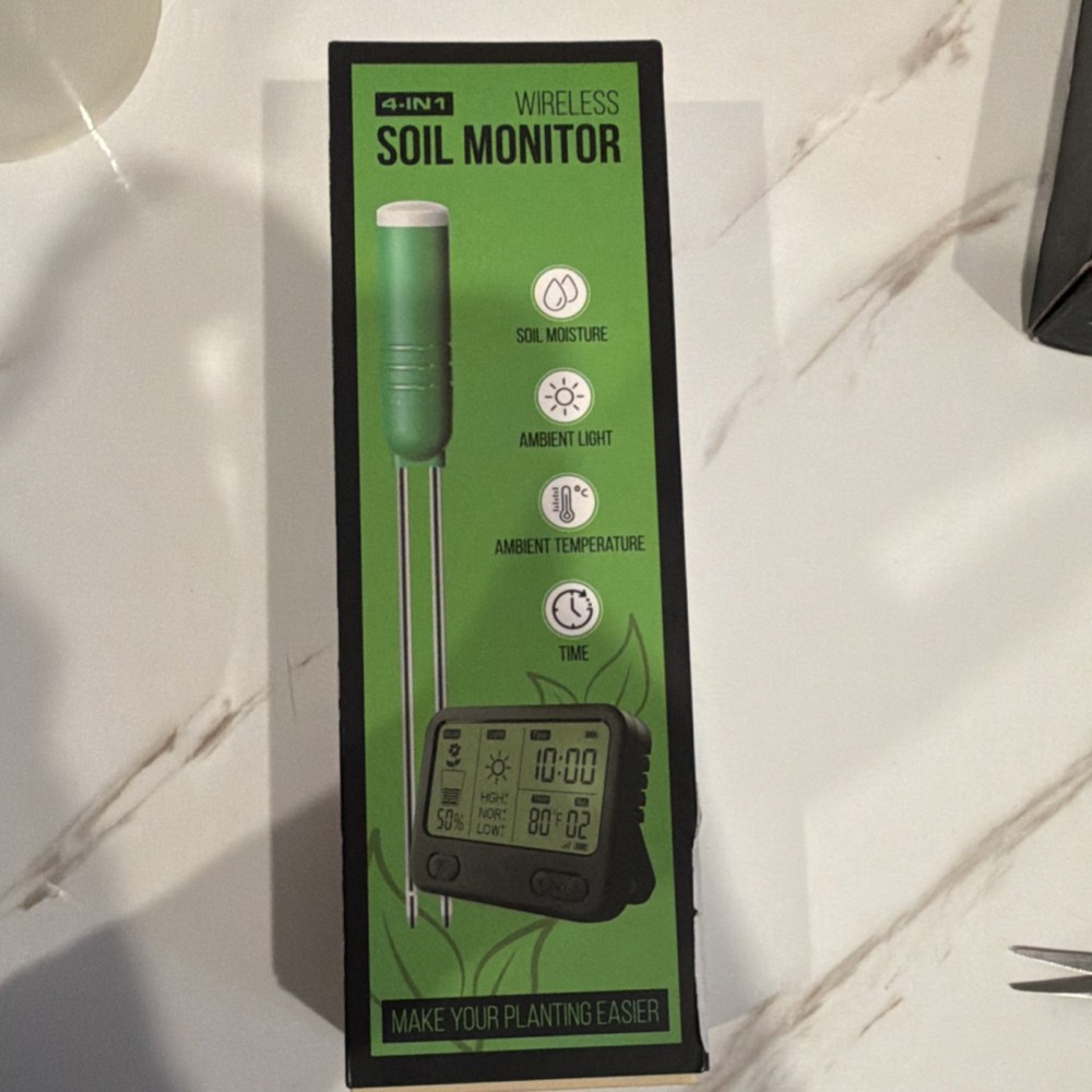 Wireless 4-in-1 Soil Meter, LCD, Waterproof, Measures Moisture, Light, Temp