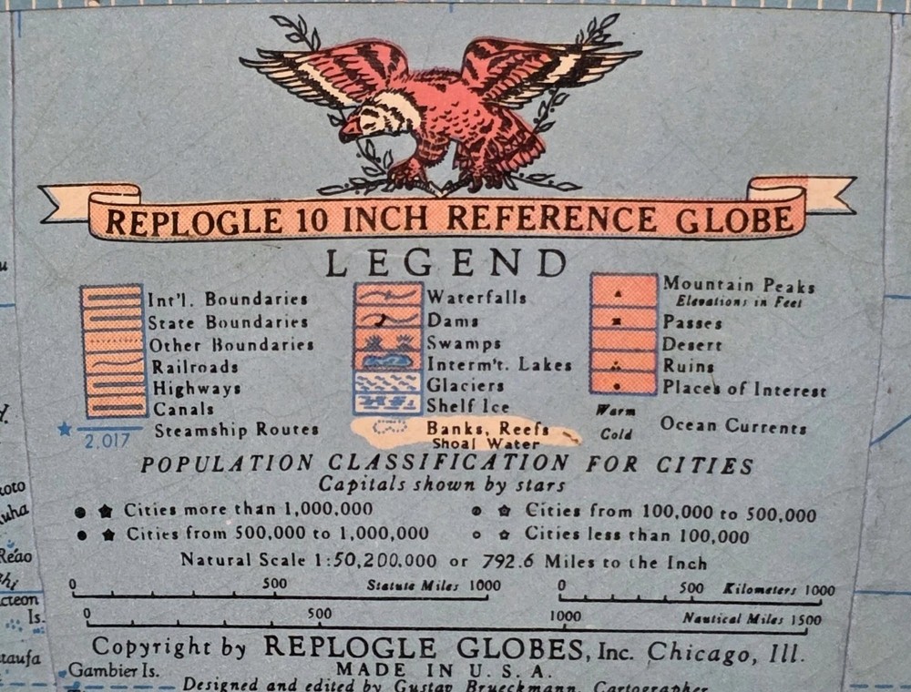 VINTAGE Replogle 10 Inch Reference Globe, Chicago ILL - Gustav Brückmann