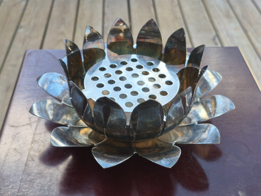 Vintage Leonard Silver Plate Flower Frog Arrangement Three Piece Lotus