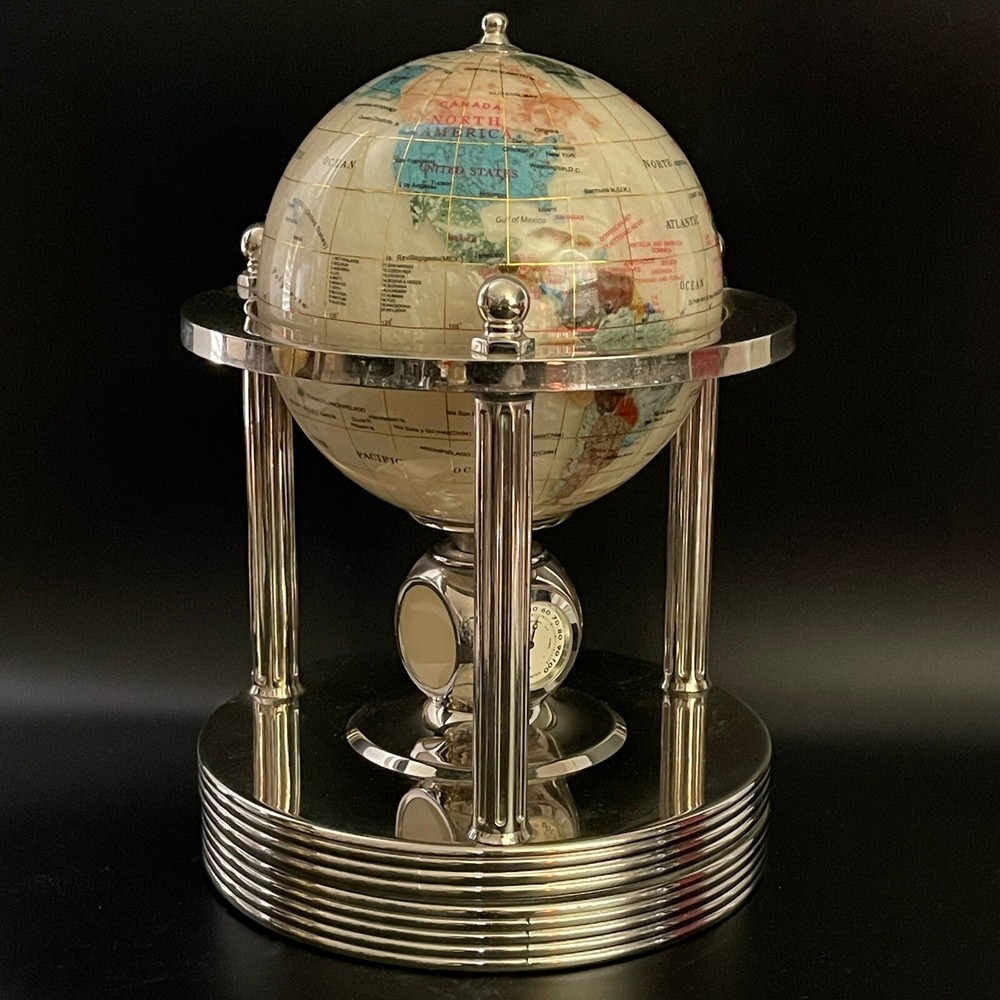 Beautiful Antique Precious Gemstone World Globe With Clock, Hydrometer, & Temp