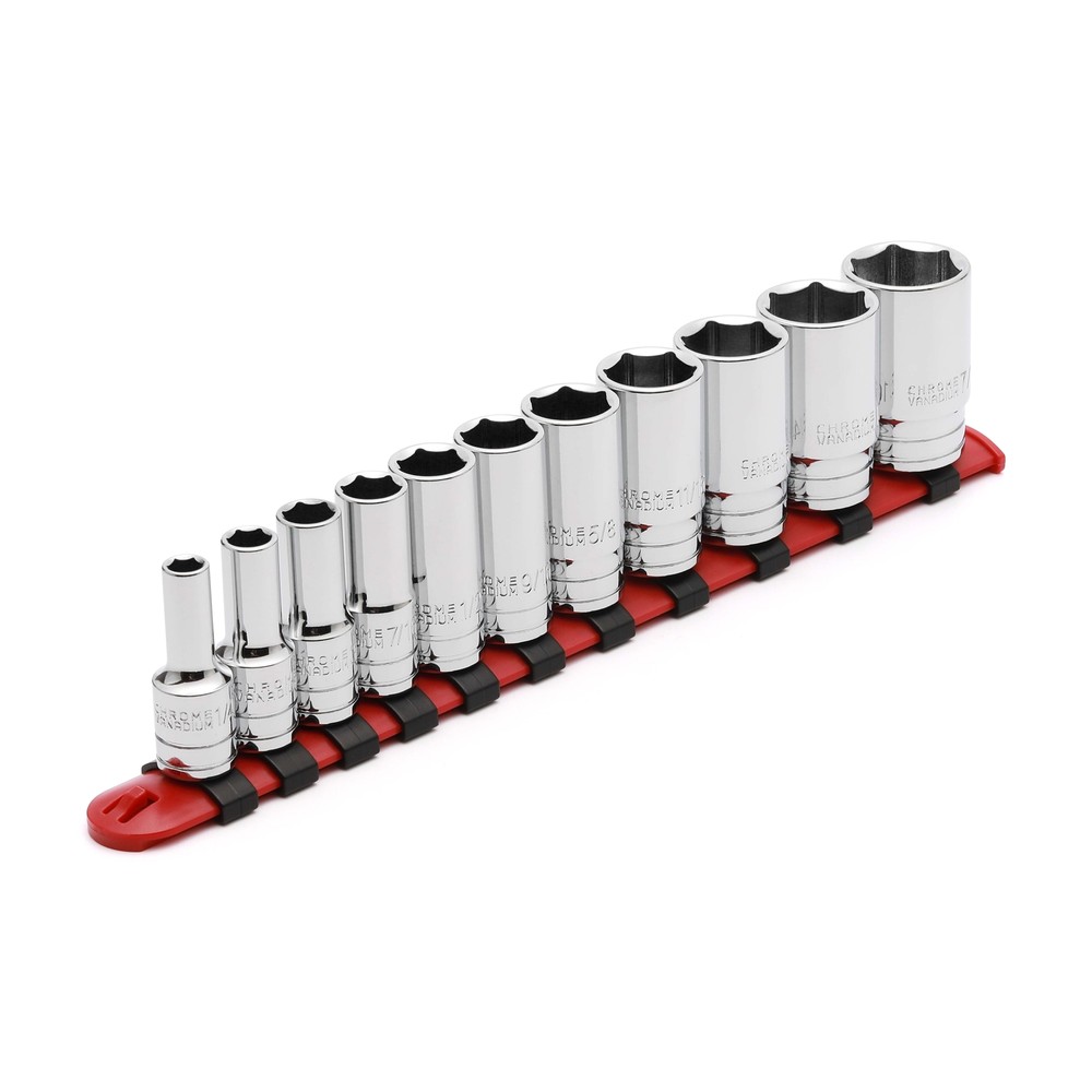 11PCS 3/8" Drive 6 Point. Mid-Length Socket Set, SAE, Mirror Chrome Finish