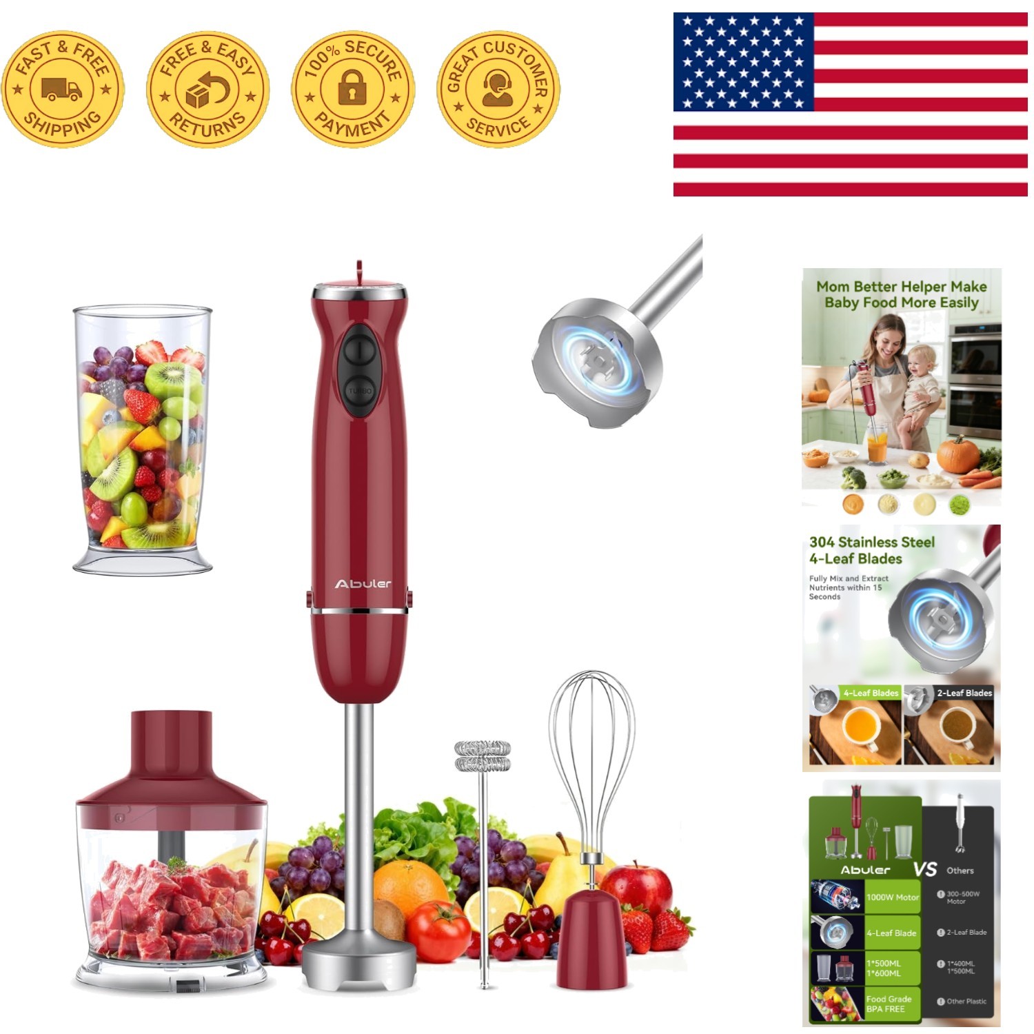 1000W Hand Blender - 12-Speed Kitchen Tool with Versatile Attachments