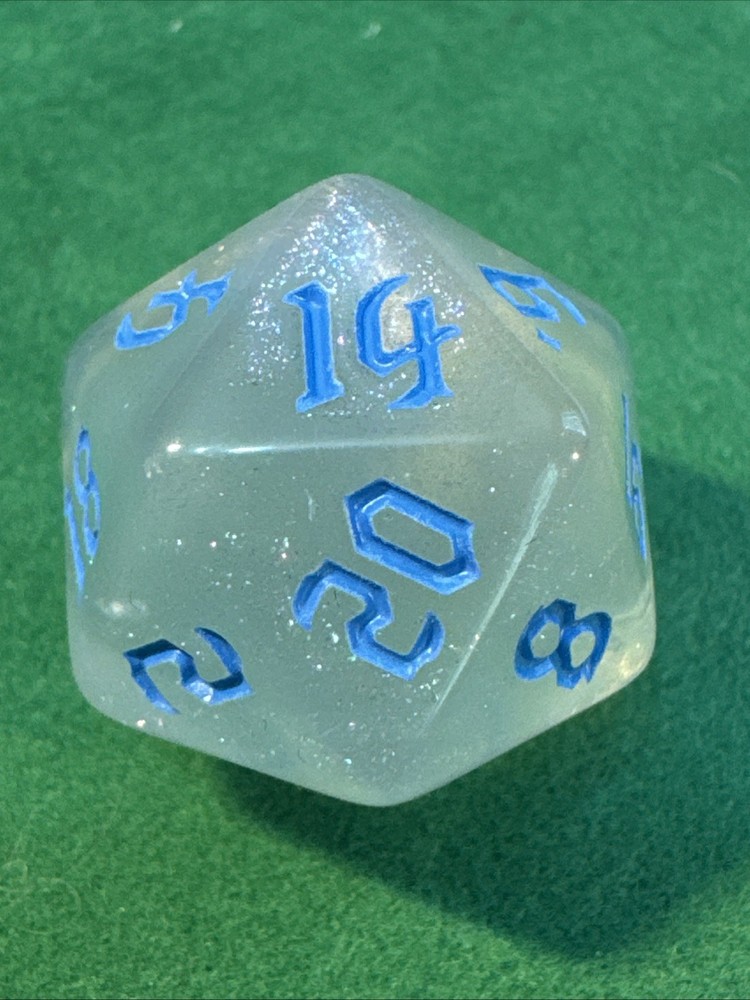 Glittery Translucent Polyhedral Dice Set with Blue Numerals - RPG DND 12