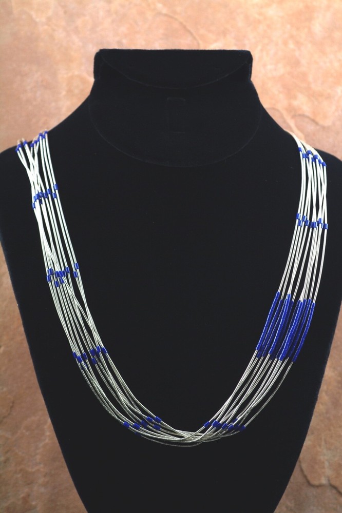 Native American  Liquid Silver and Lapis Beaded Necklace