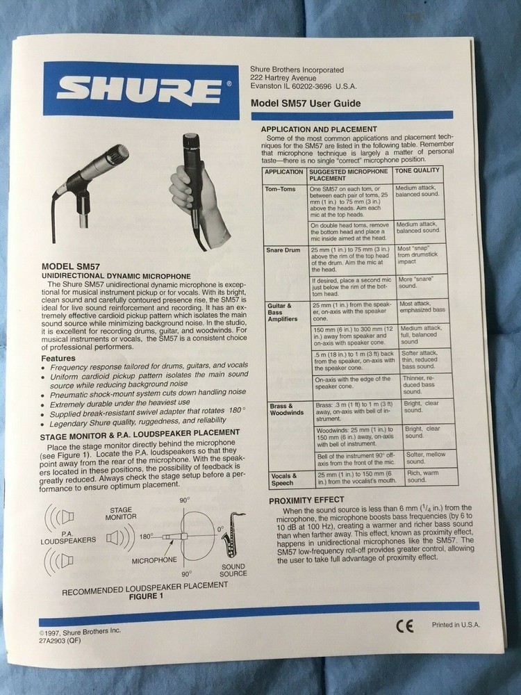Shure SM57 User Guide, Vintage 1997