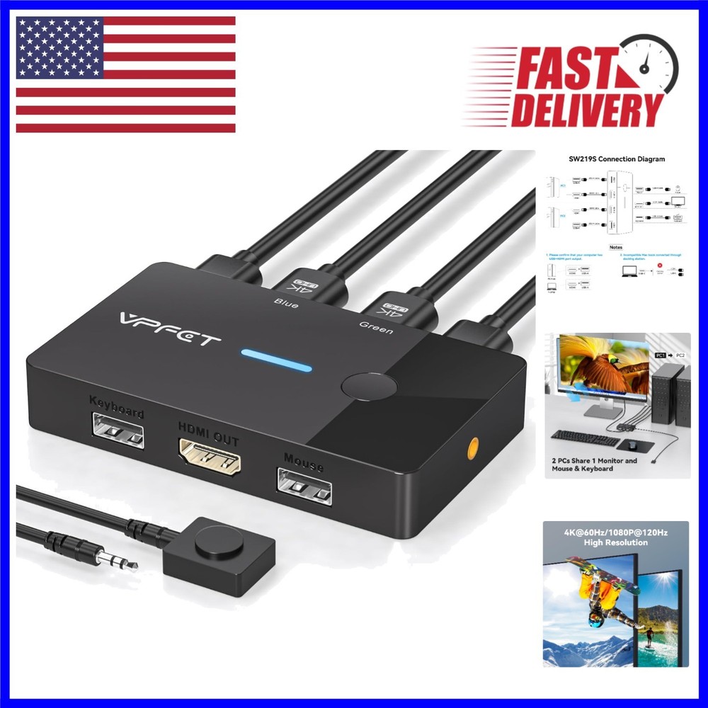 USB KVM Switch 4K@60Hz - Effortlessly Control 2 PCs with Compact Desktop Remote