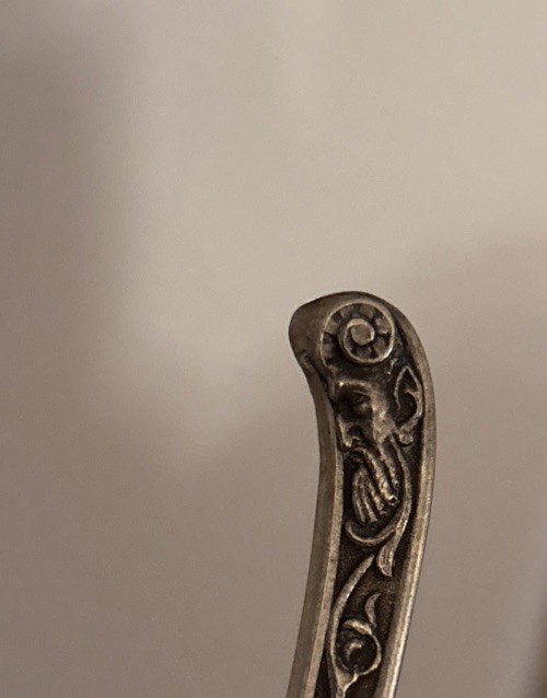 Antique Denmark Simon Groth Silver Serving Spoon Moinichen Devil Mask Handle