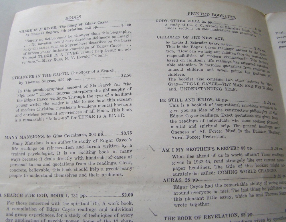 1950s Edgar Cayce Catalog A.R.E. Metaphysical Studies Research Enlightenment