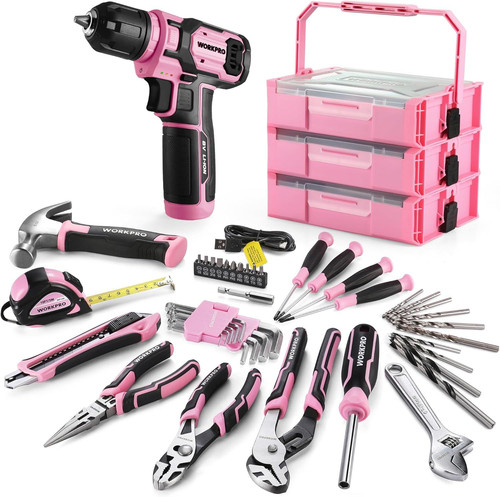 WORKPRO Pink Cordless Drill Driver with Toolbox, 43PCS Tool Set