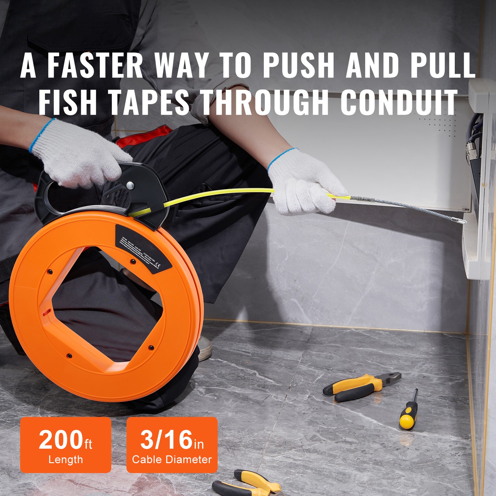 Fish Tape Wire Cable Line Puller 200ft 3/16in Fiberglass High Plastic Case