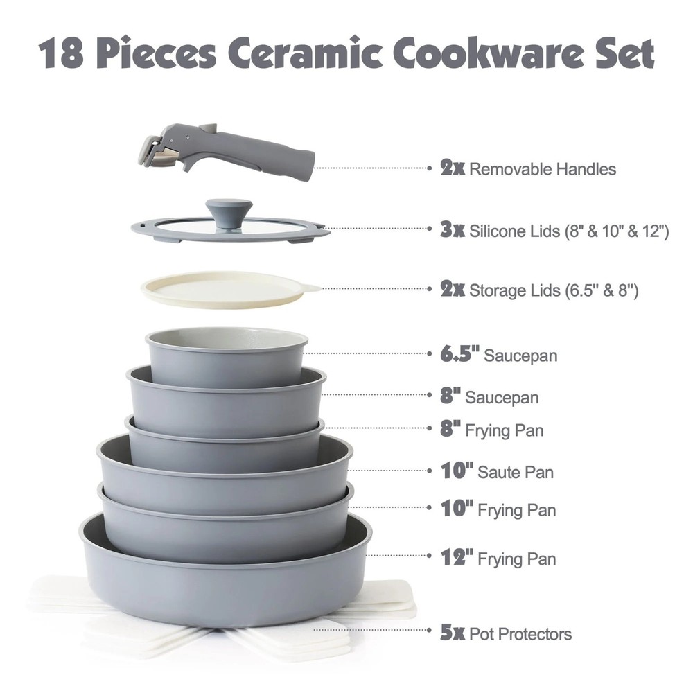 Cookware Set 18Pcs Ceramic Nonstick Detachable Handle Induction Gray