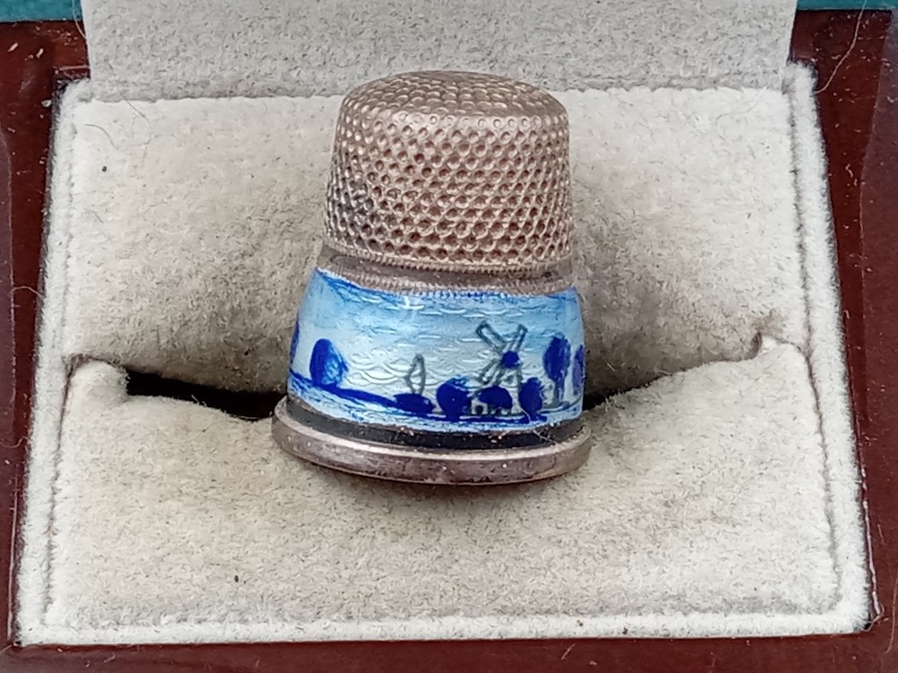 Germany Sterling Silver Pre WW2  Enamel Windmill Scene Thimble