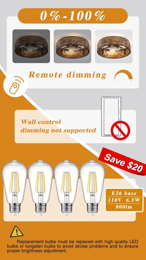 20'' Flush-Mount Smart Ceiling Fan with Dimmable-Light and Memory Remote APP/...