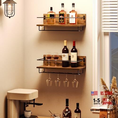 Wall Mounted Wine Rack 2 Pack, Wine Shelf Hanging Rustic Brown + Black