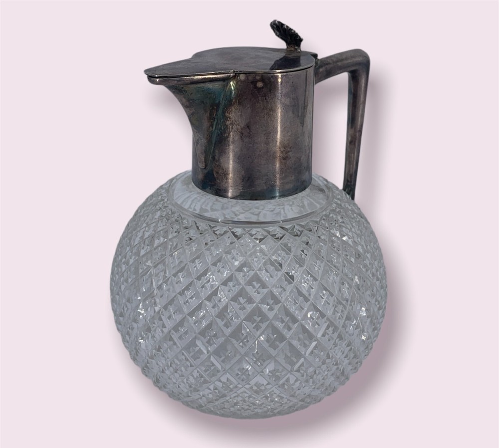 Antique Silver Plated Wheel Cut Glass Pitcher