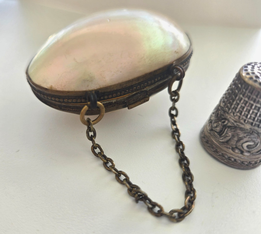 Antique MOP Shell Brass Thimble Holder Chatelaine Chain Figural Silver Thimble