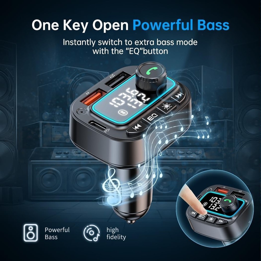 Multifunctional FM Transmitter with Deep Bass, Noise Cancellation & USB Charging