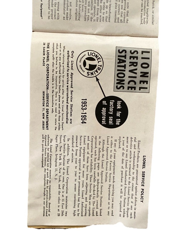 Lionel Train Instructions Booklet 1953-1954