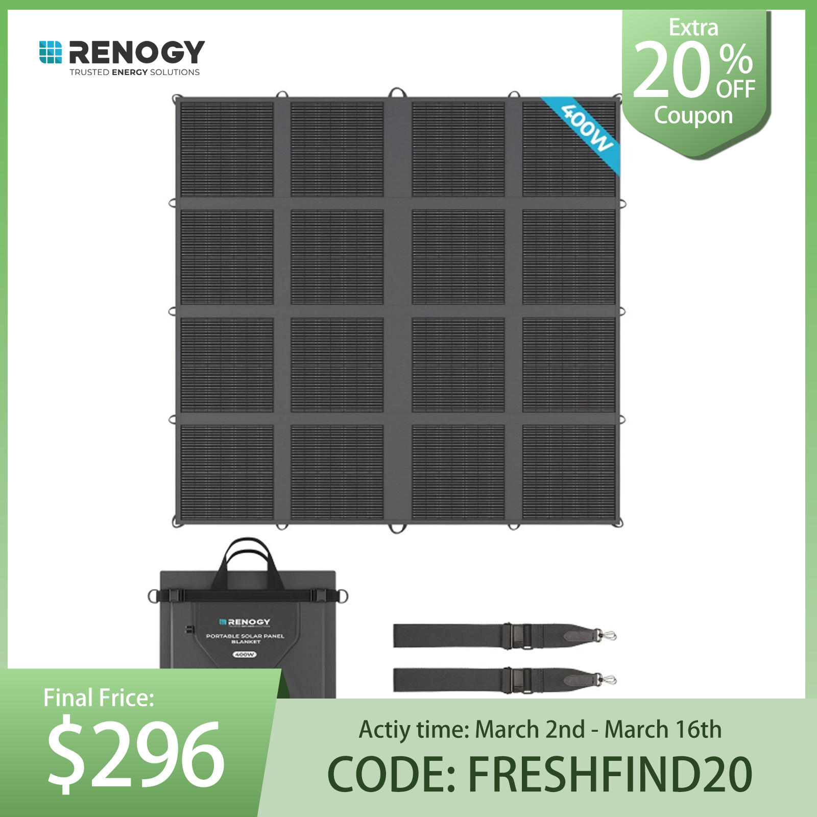 Renogy 400W Solar Panel Blanket Portable Solar Suitcase Foldable Solar Panel