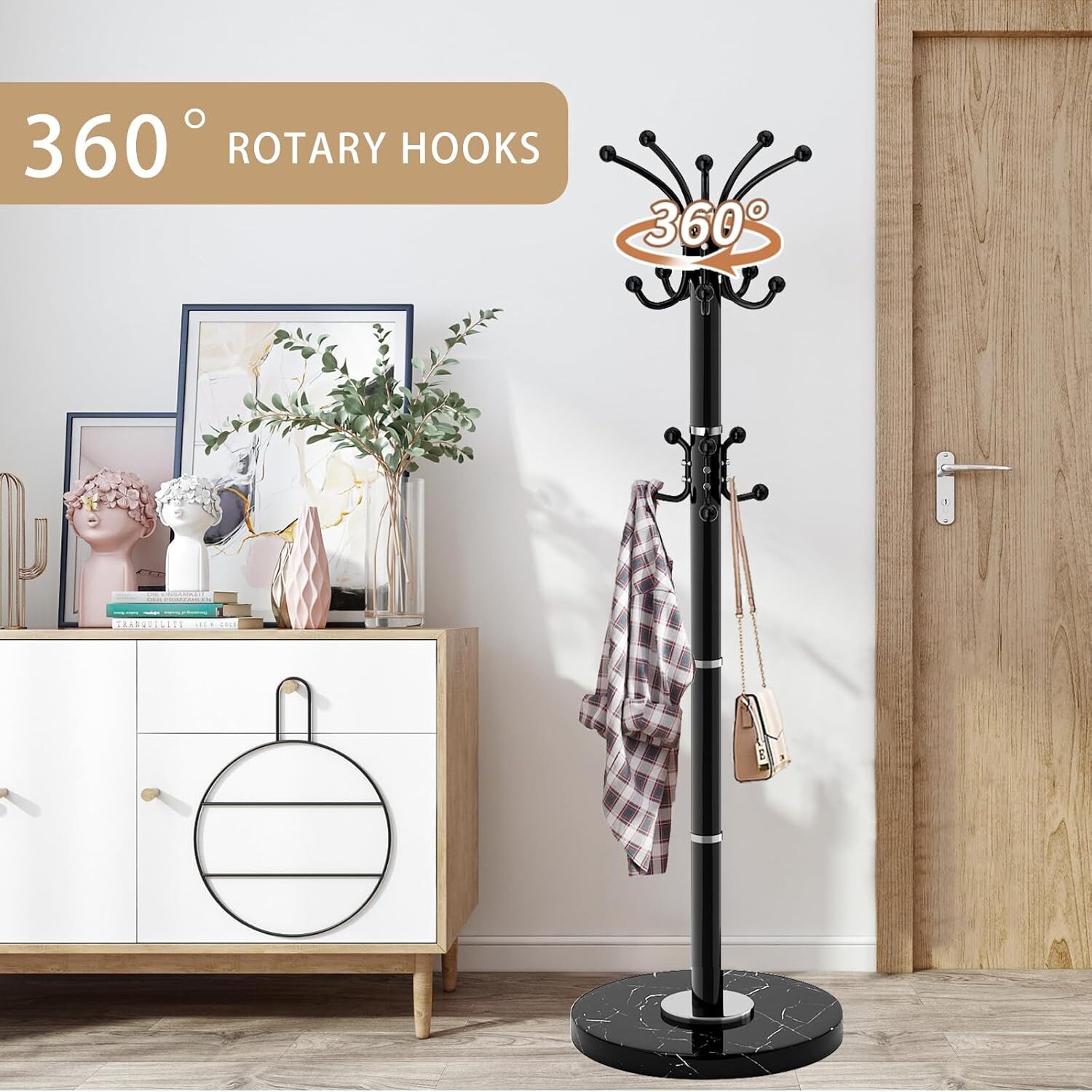 Metal Heavy Duty Coat Rack Stand with Natural Marble Base Modern Coat Rack