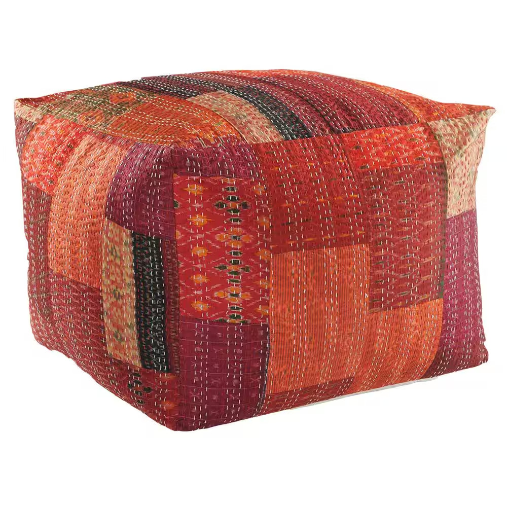 Faith Red Patchwork Hand-Stitched Cotton Blend Ottoman Pouf