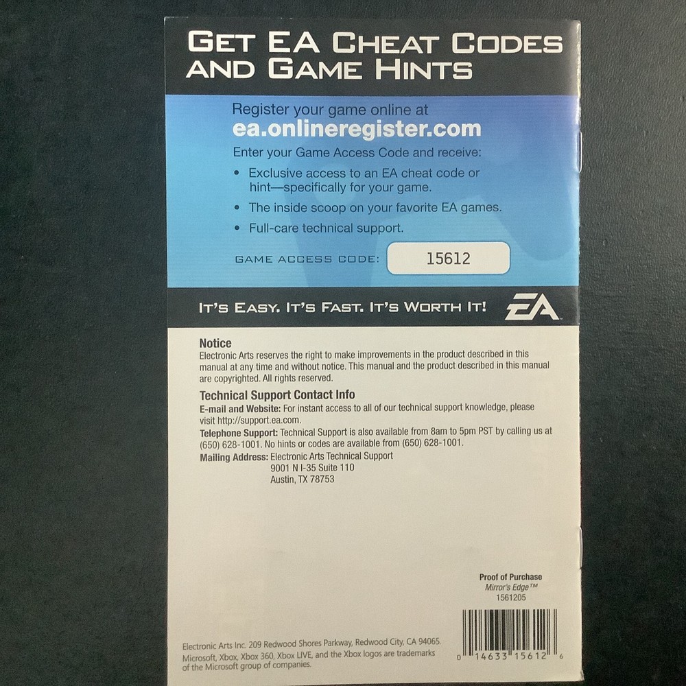 Mirror's Edge Microsoft Xbox 360 Instruction Manual Only