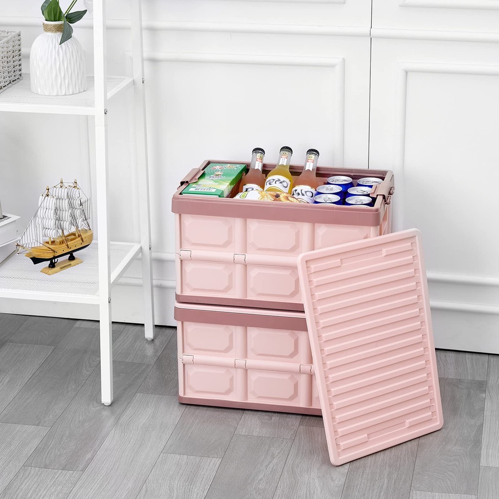 Pink Collapsible Storage Bins with Lids 2-Pack, Folding Plastic Stackable Uti...