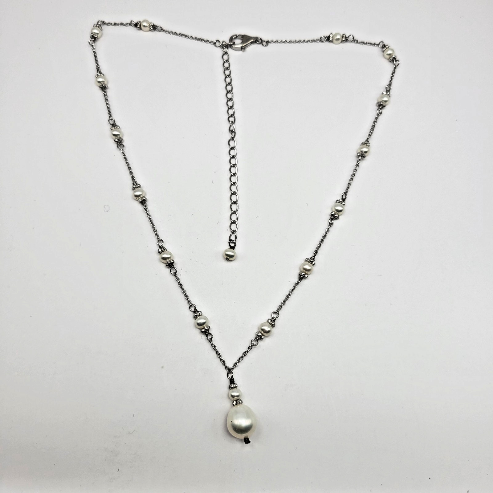 Sterling Silver Cultured Freshwater Pearl Station Pendant Necklace ~ 15" - 18"