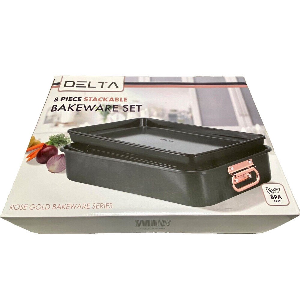 Delta 8 Piece Nonstick Stackable Bakeware Set Matte Black Rose Gold Trim NIB