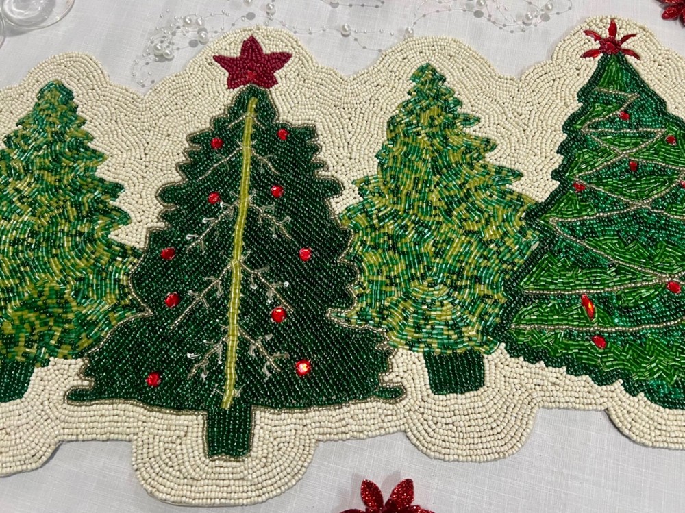 Christmas Tree Design Table Runner Beaded Table Topper Luxury Tableware 13X36 In