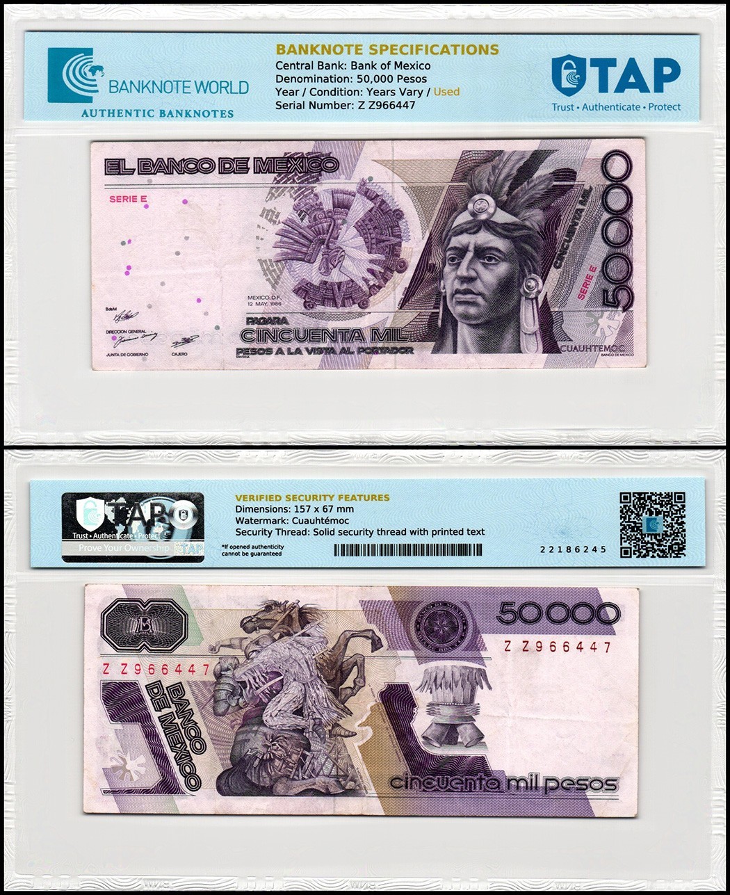 Mexico 50000 Pesos, 1986-1990, P-93, Used, Series Varies, Authenticated