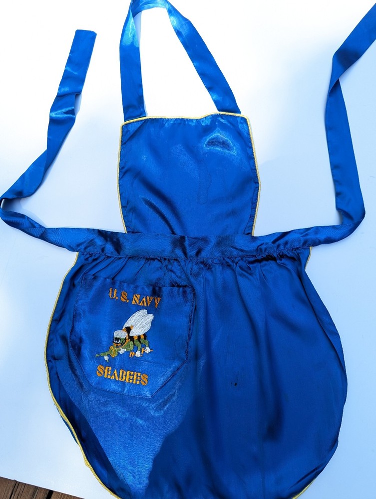 Vintage WW II US Navy Seabees Embroidered Blue Silk Apron USN