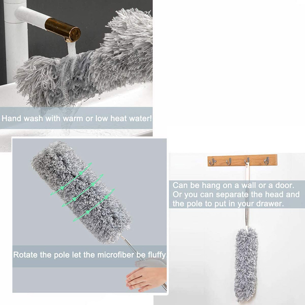 Microfiber Feather Duster Extendable Pole 30-100in Bendable Head Gray Washable