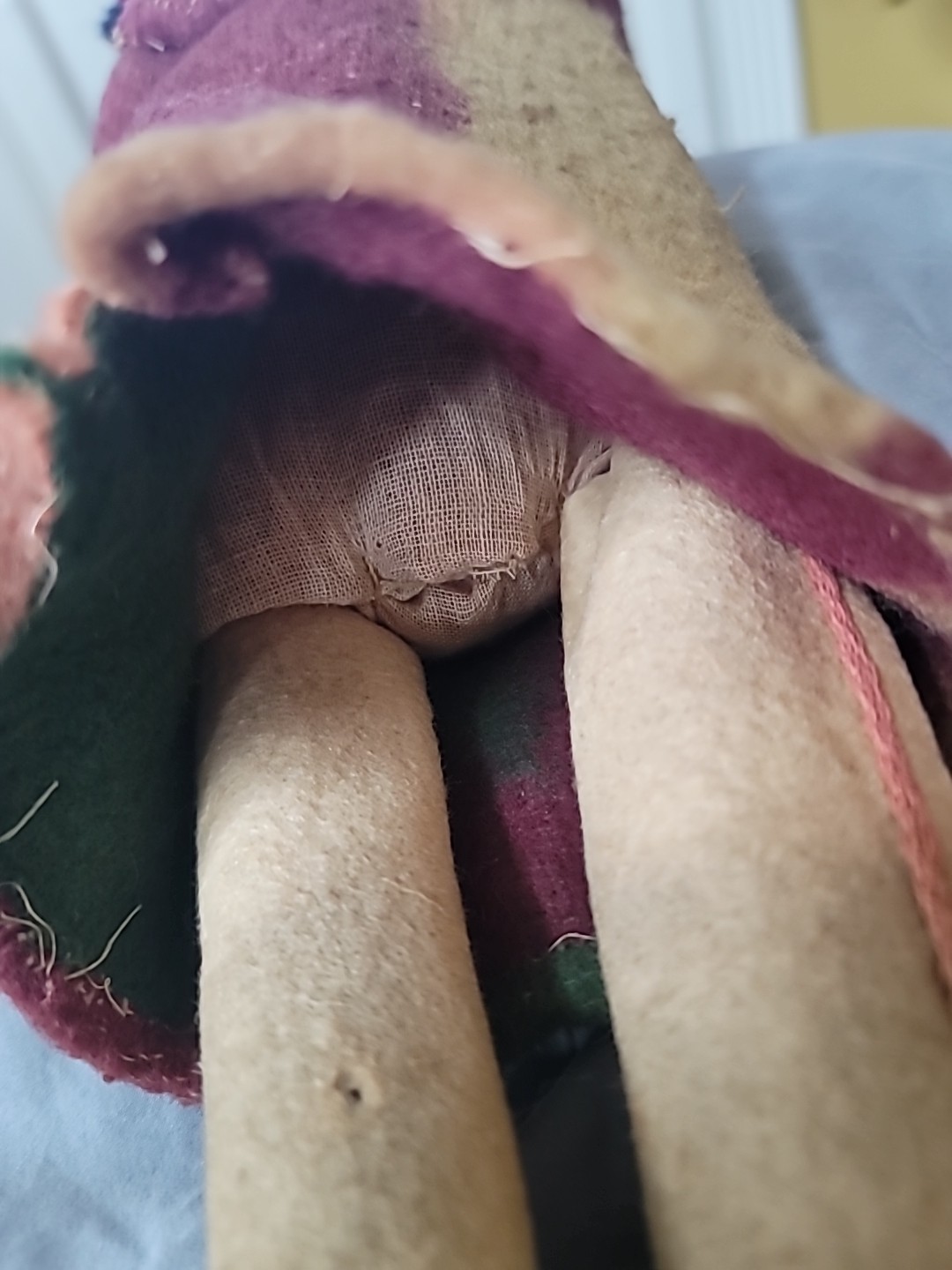 Antique Skookum Doll Early Paint Face Wool Straw Stuffed Mohair Wood Legs 15 1/2