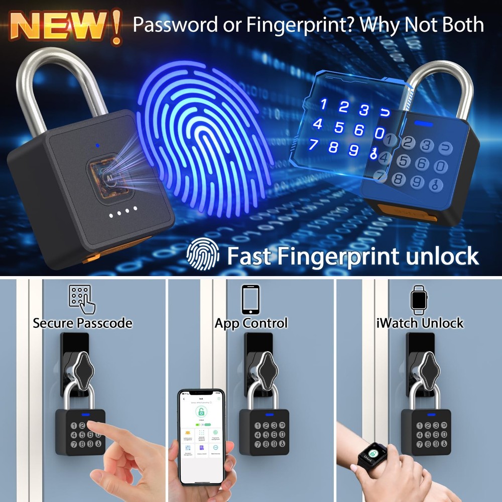 Fingerprint Padlock with , Combination Lock for Locker with Bluetooth APP Acc...